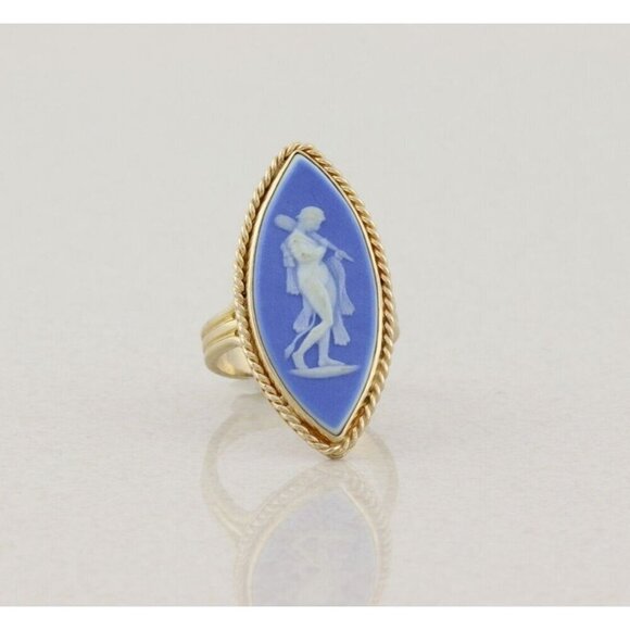 14k Yellow Gold Blue Wedgewood Cameo Ring Vintage Size 7 - Picture 1 of 7